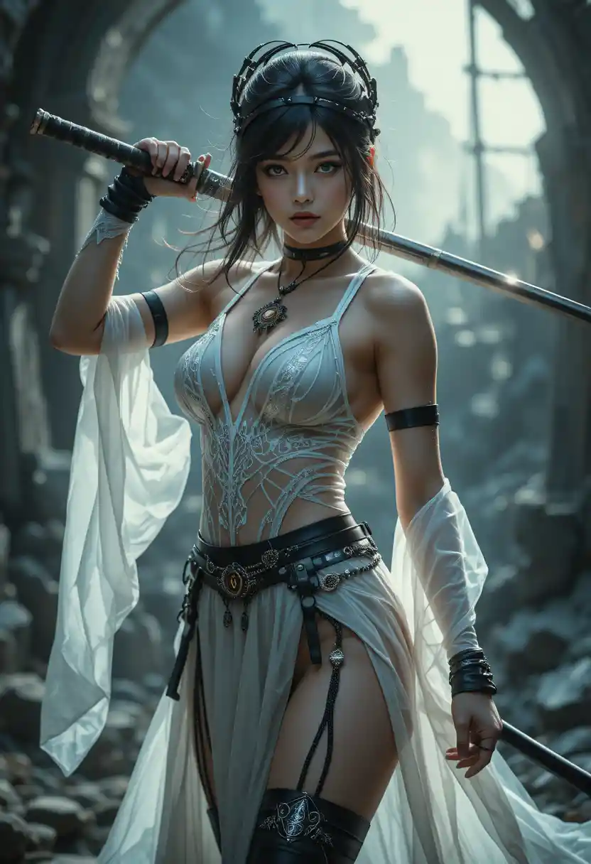 Mujer ninja steampunk empuñando una katana en un paisaje de fantasía
