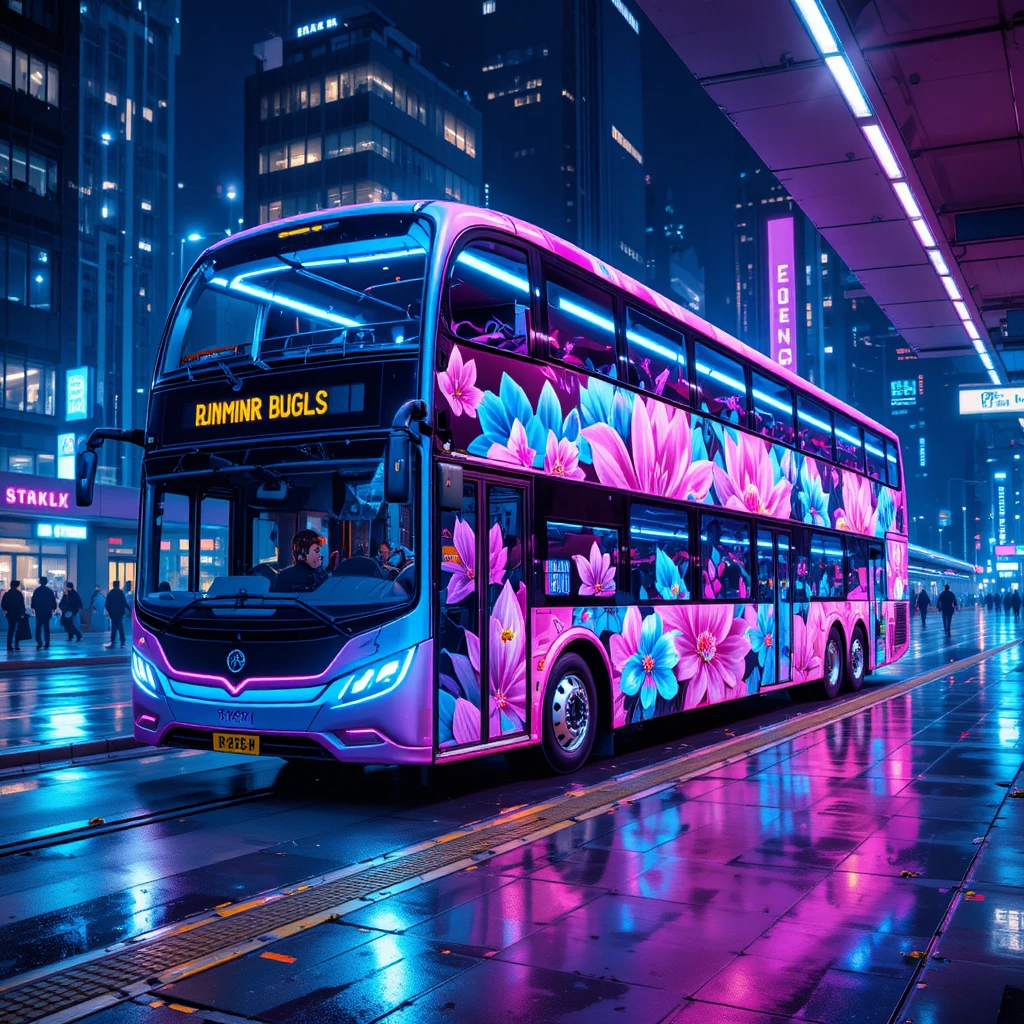 Autobus a due piani floreale al neon in una stazione di città futuristica