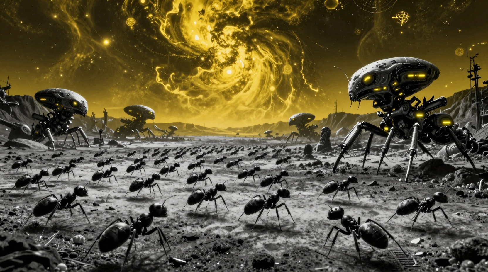 Enjambre de hormigas alienígenas mutadas cruzando un oscuro valle yermo