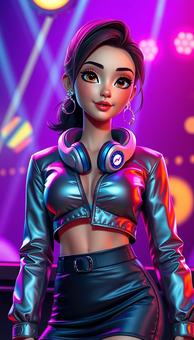 DJ mujer futurista en club nocturno con láseres de colores