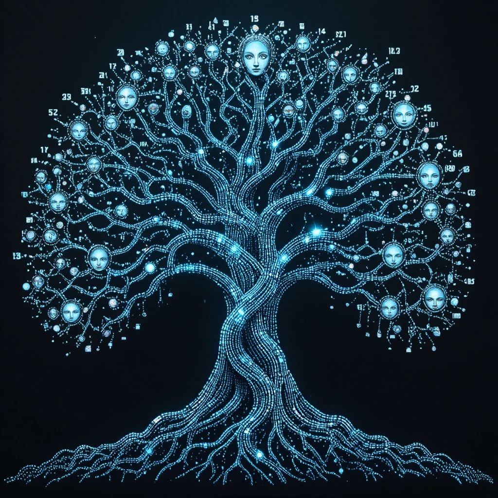 Pointillist abstract genealogical tree in cosmic space