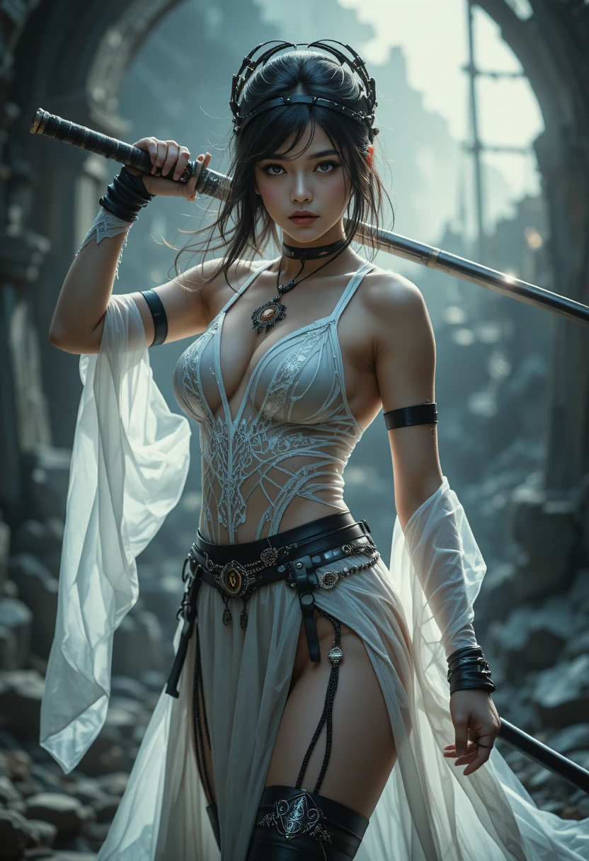 蒸汽龐克忍者女子在奇幻場景中揮舞武士刀