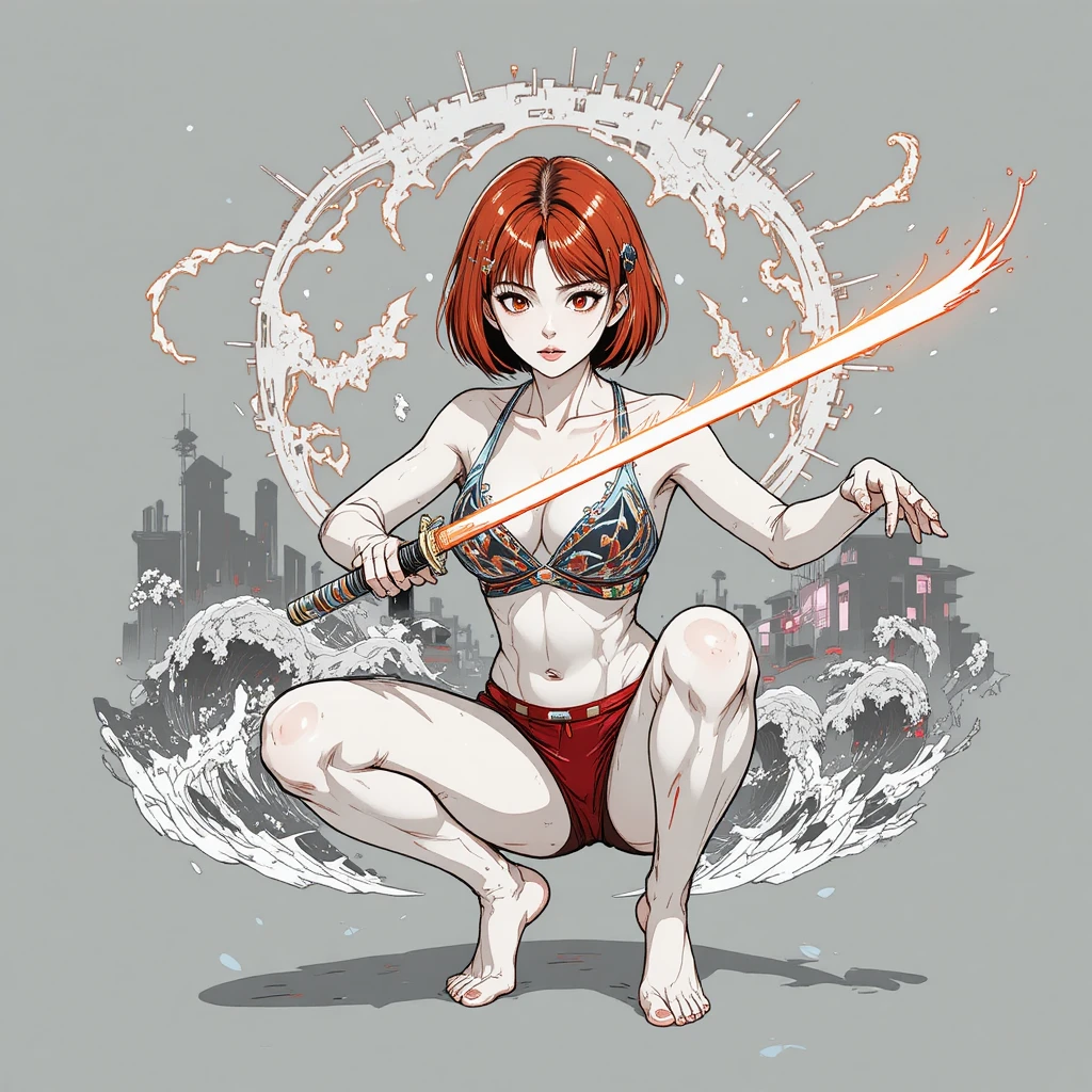 Anime woman with sword on simple gray background