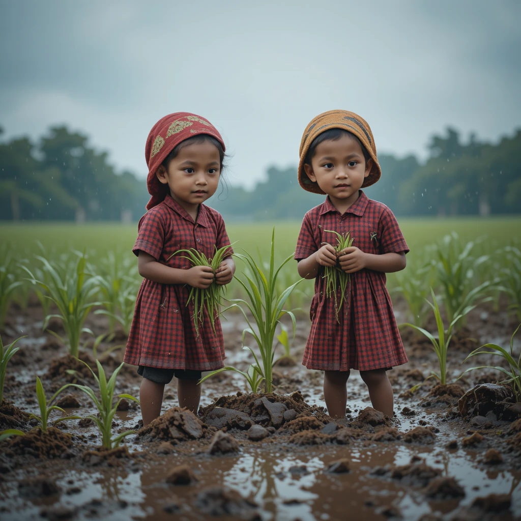 Village children planting rice in a muddy monsoon field