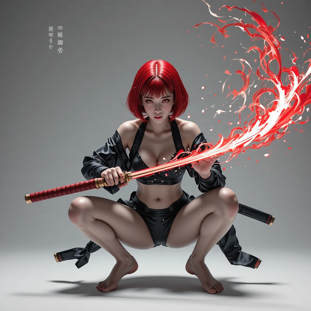 Mujer de anime en pose dinámica con katana decorativa
