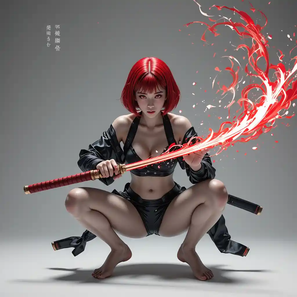 Mujer de anime en pose dinámica con katana decorativa