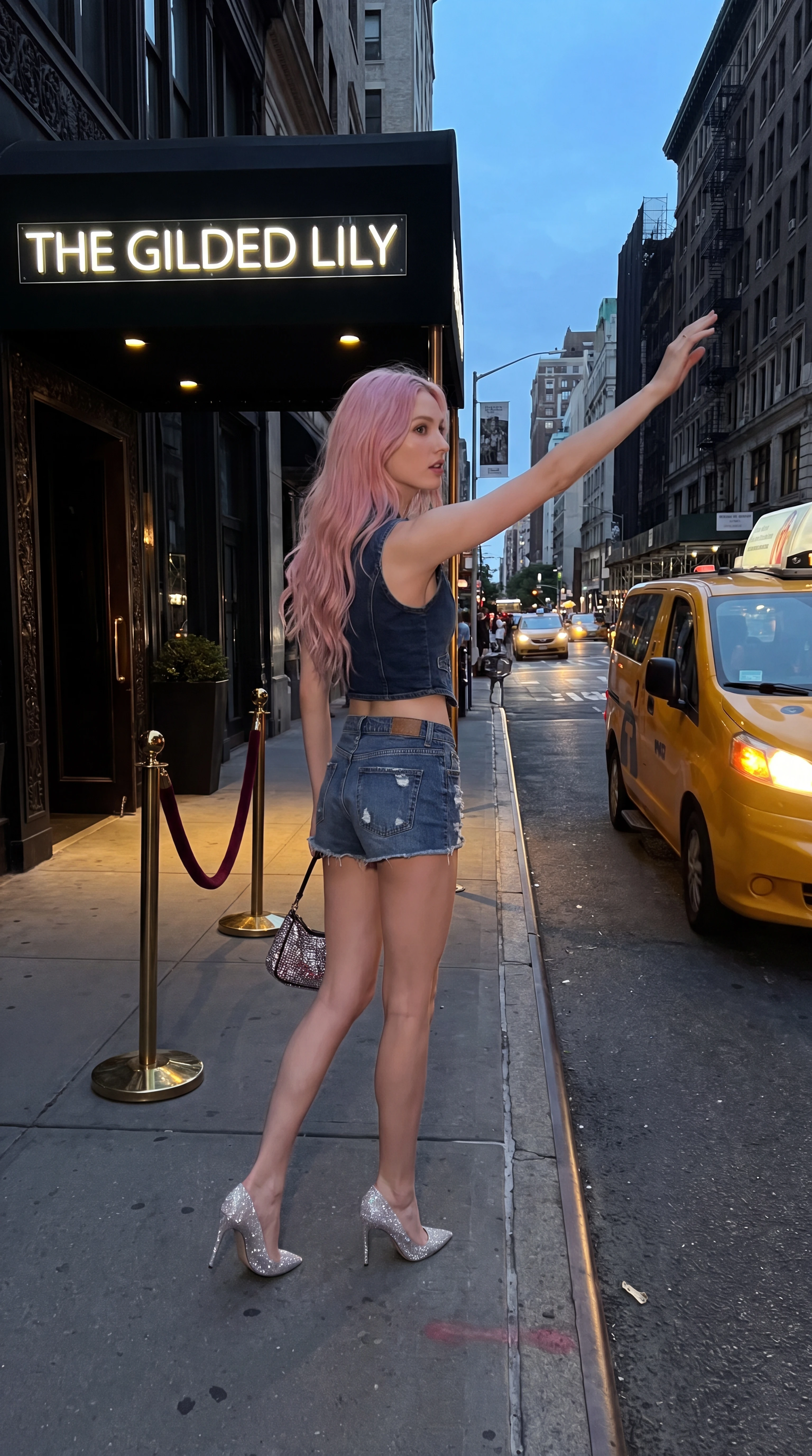 Joven mujer pidiendo un taxi frente a un club nocturno exclusivo
