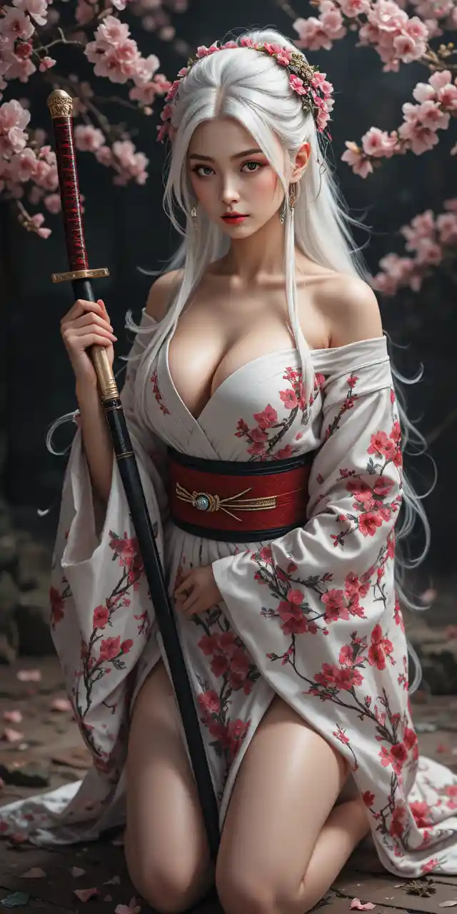 White haired anime girl kneeling in kimono with sword