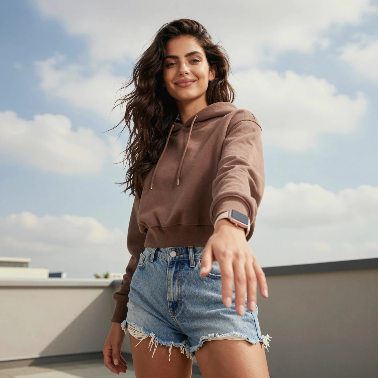 Mujer sonriente extendiendo la mano hacia la cámara en una azotea soleada