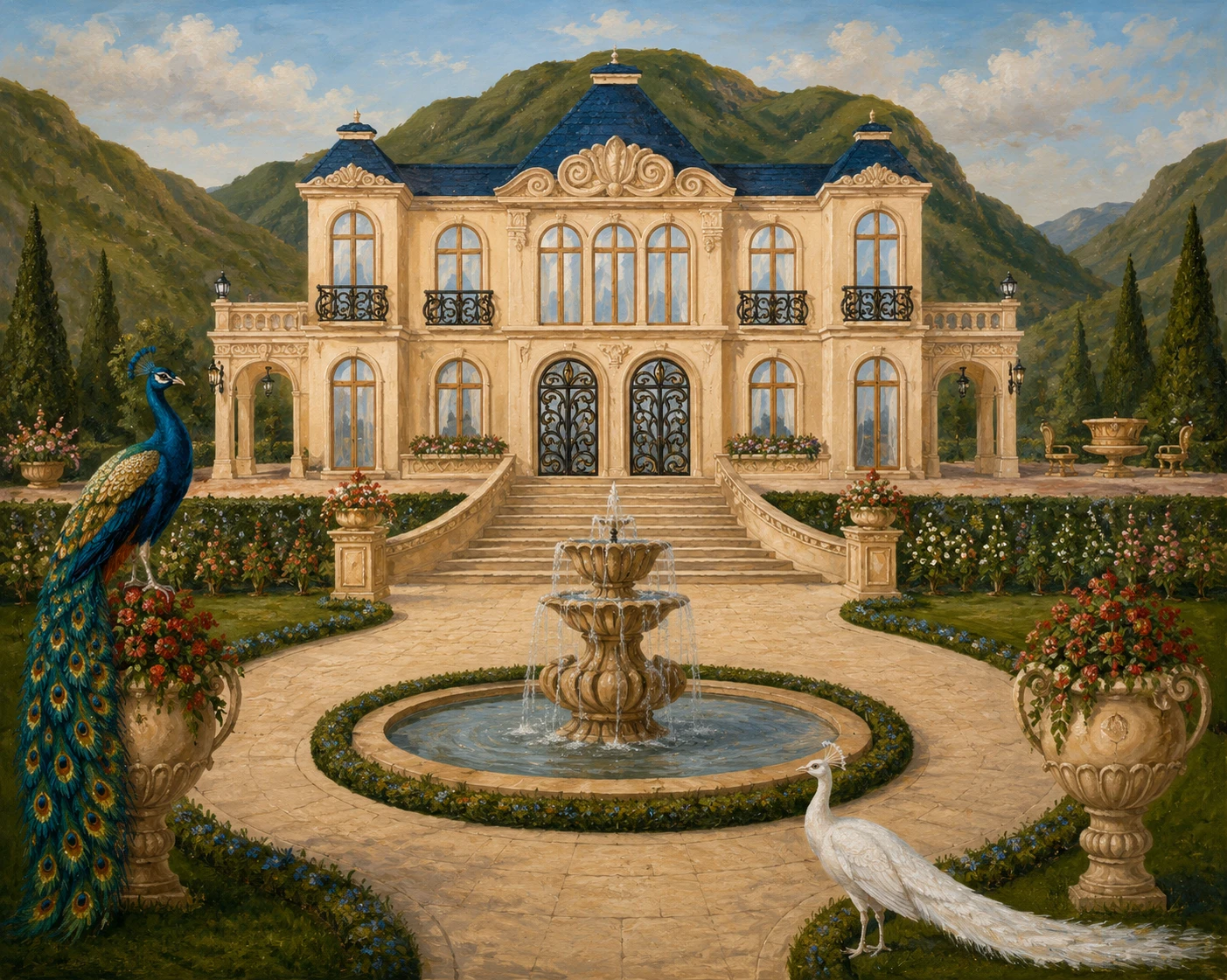 Peinture de manoir néoclassique avec paons et fontaine de jardin
