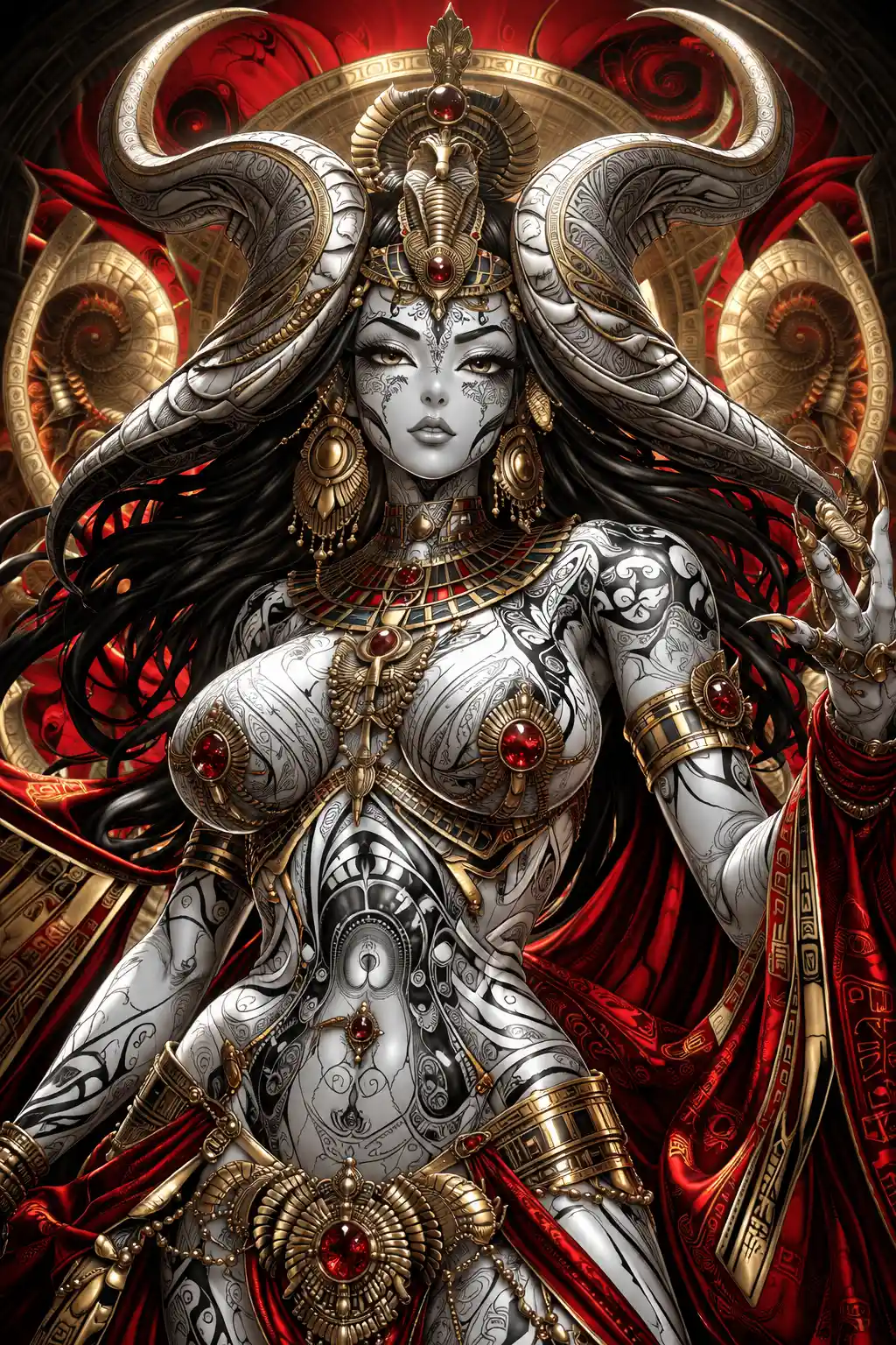 Horned egyptian queen in dramatic fantasy portrait