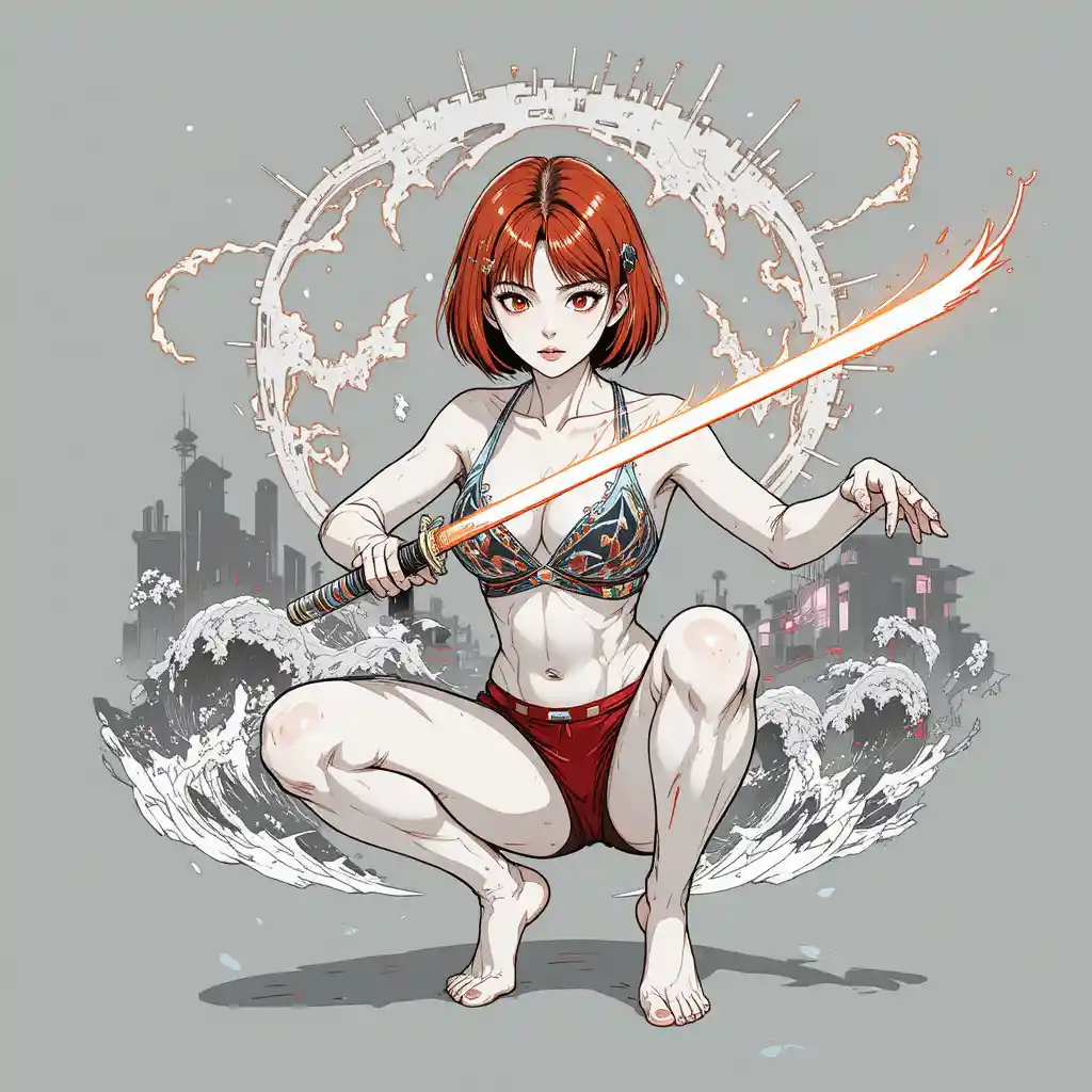 Anime woman with sword on simple gray background