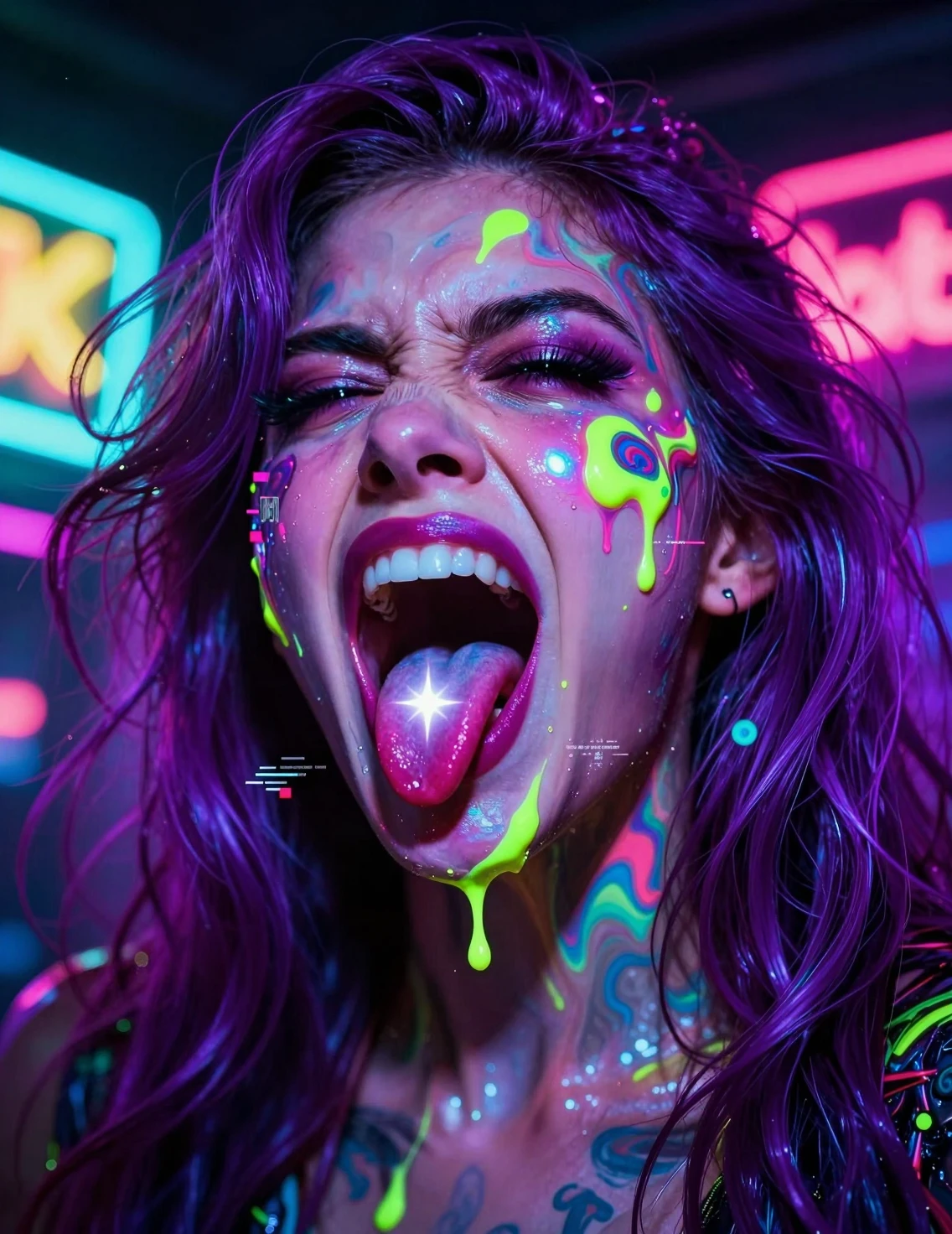 Primer plano psicodélico de una mujer gritando con el cabello derritiéndose