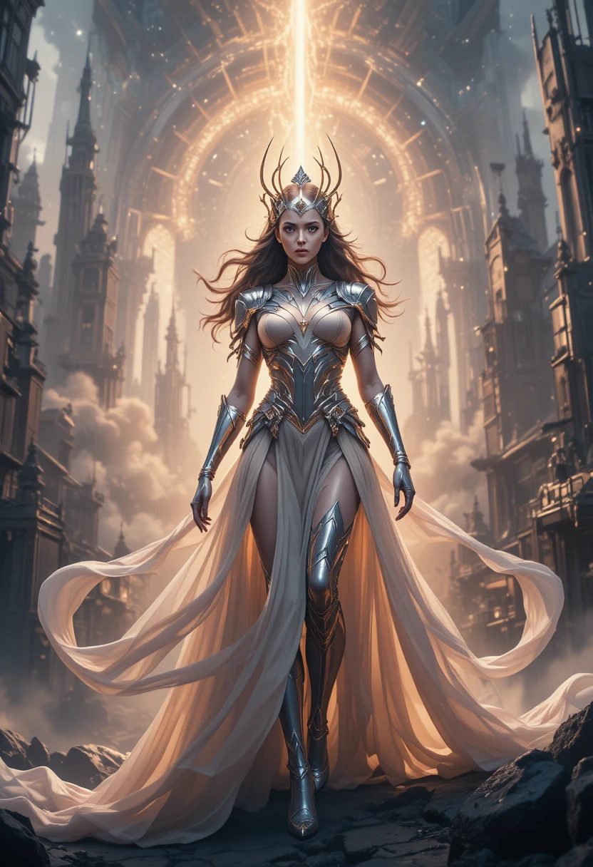 Reina superheroína en una ciudad futurista en plano general