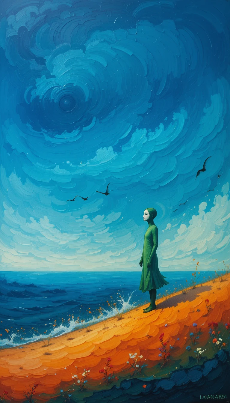 Green silhouette facing a fiery horizon over blue sea