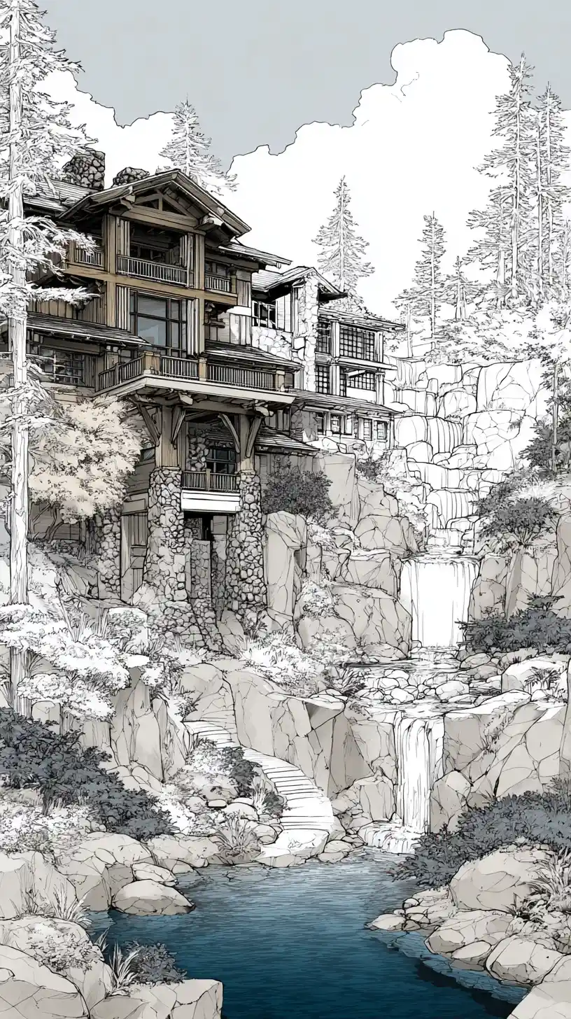 Fantasy cliffside house transitioning from exterior to interior