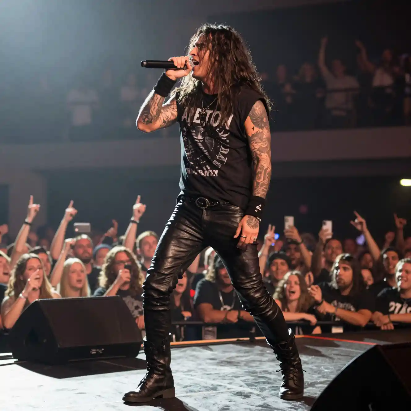 Cantor de rock se apresentando no palco com banda de heavy metal