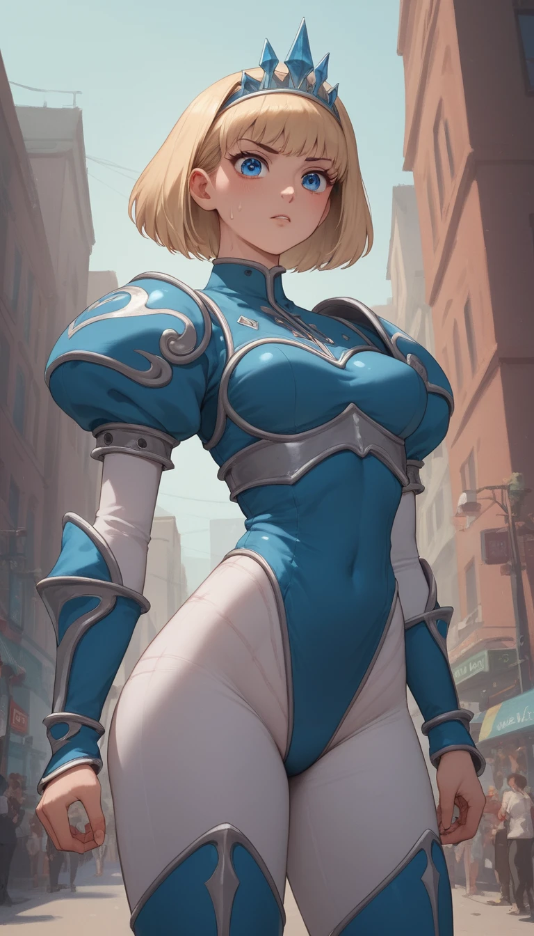 Chica de anime segura de sí misma con traje elegante en la calle de la ciudad