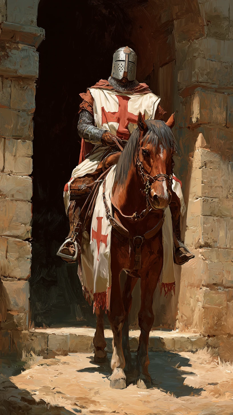 Guerrero cruzado medieval montando un caballo que sale de un castillo de piedra