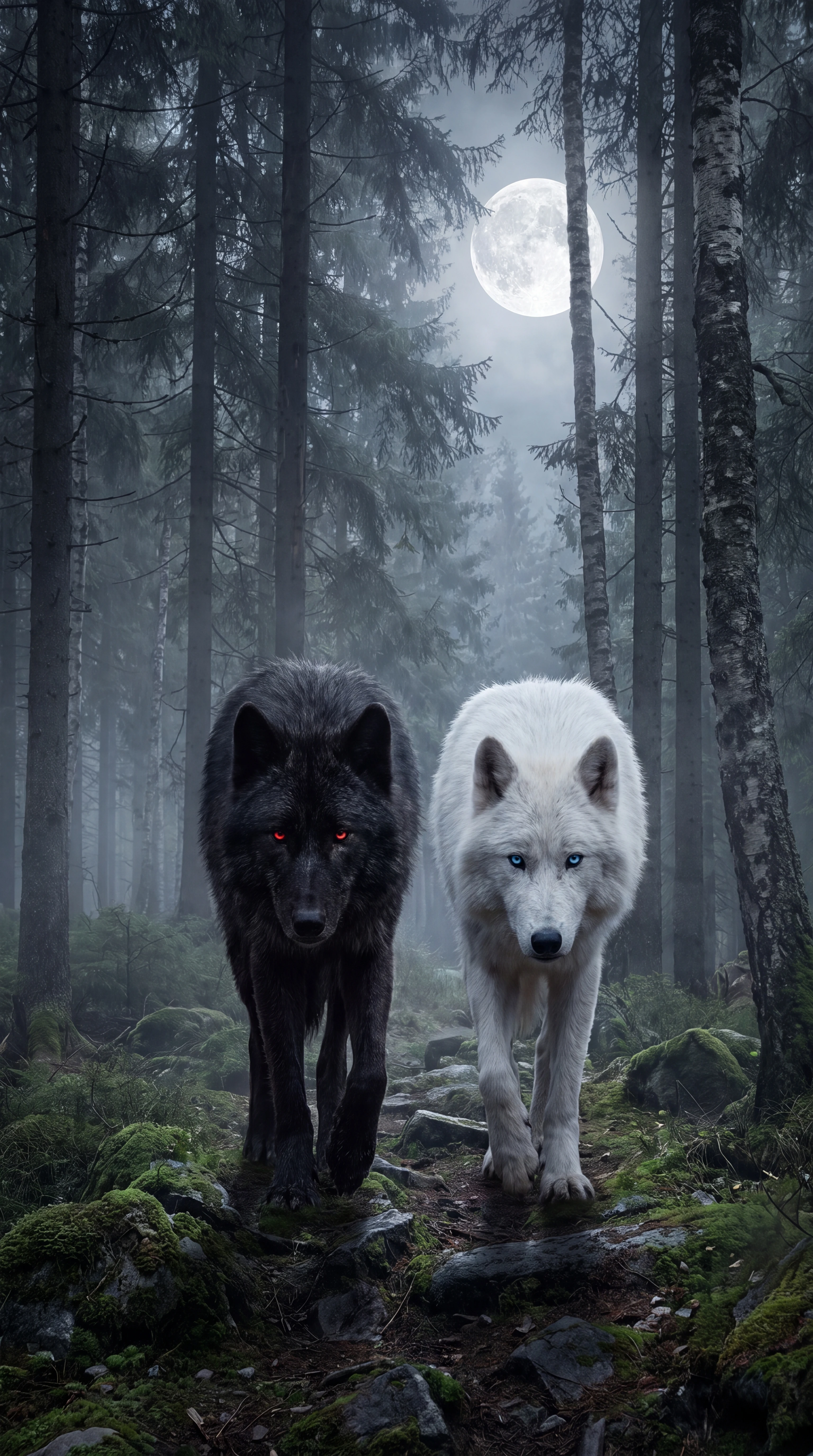 Lobos blancos y negros vagando por un bosque brumoso a la luz de la luna