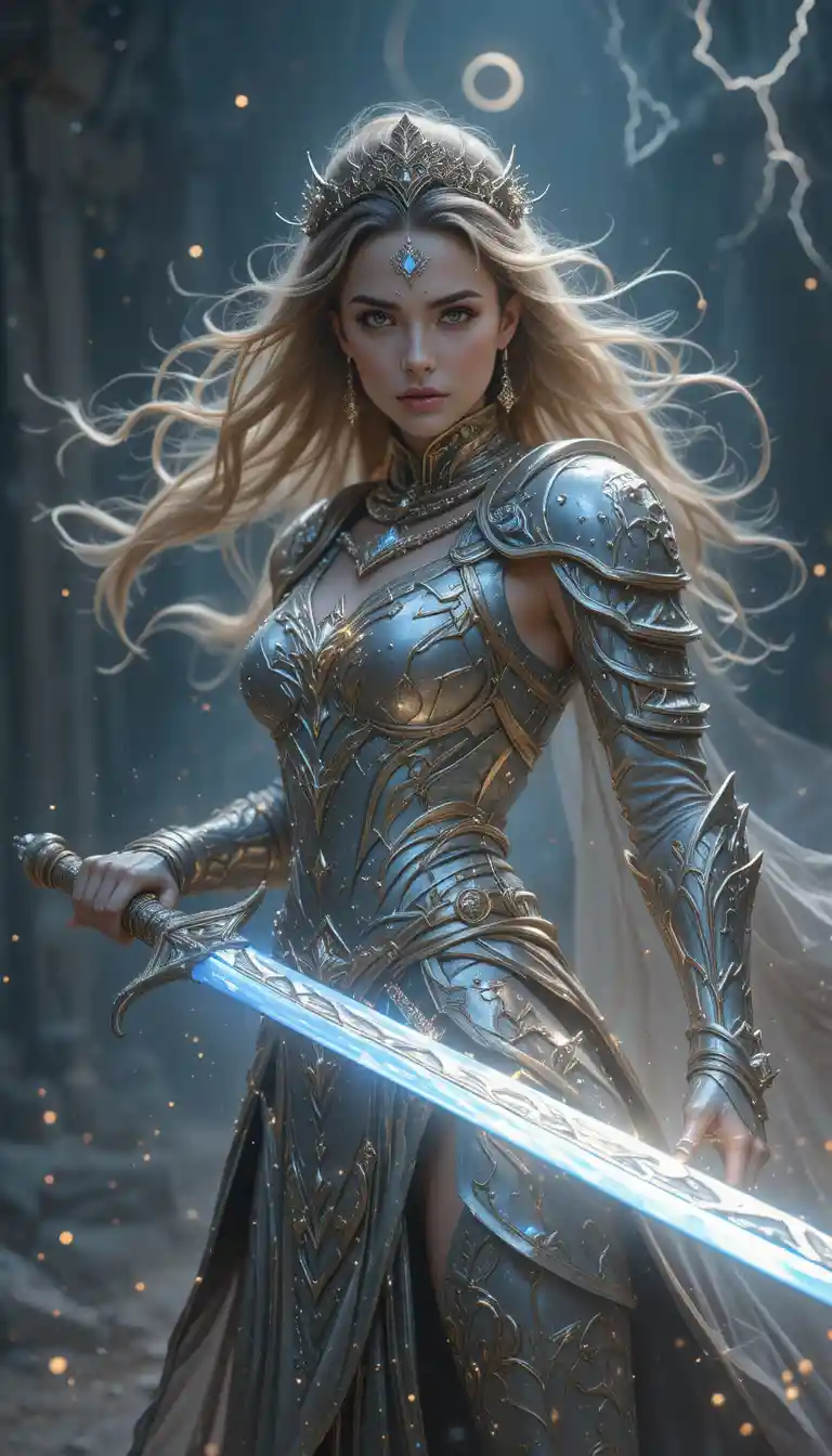 Guerrière de fantasy avec épée enchantée lumineuse