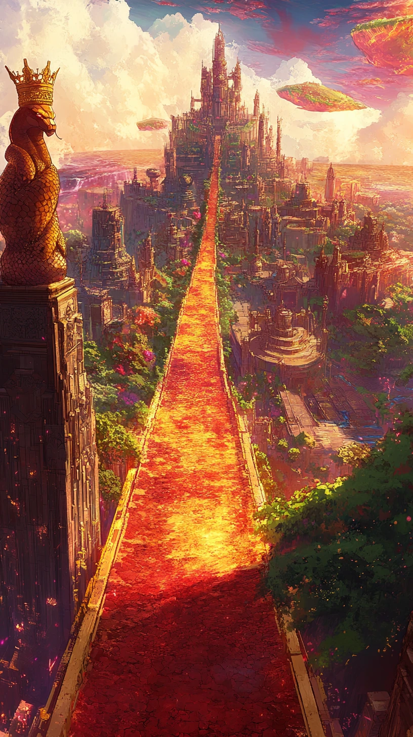 Golden path through a fantasy landscape with crowned snake statue