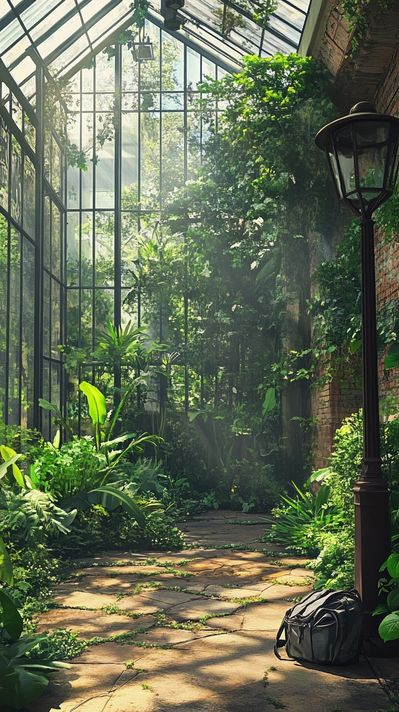 Anime greenhouse interior with lush exotic plants and path