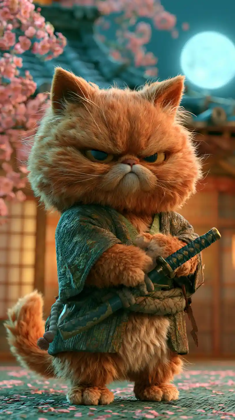 Fierce orange samurai cat under a glowing full moon
