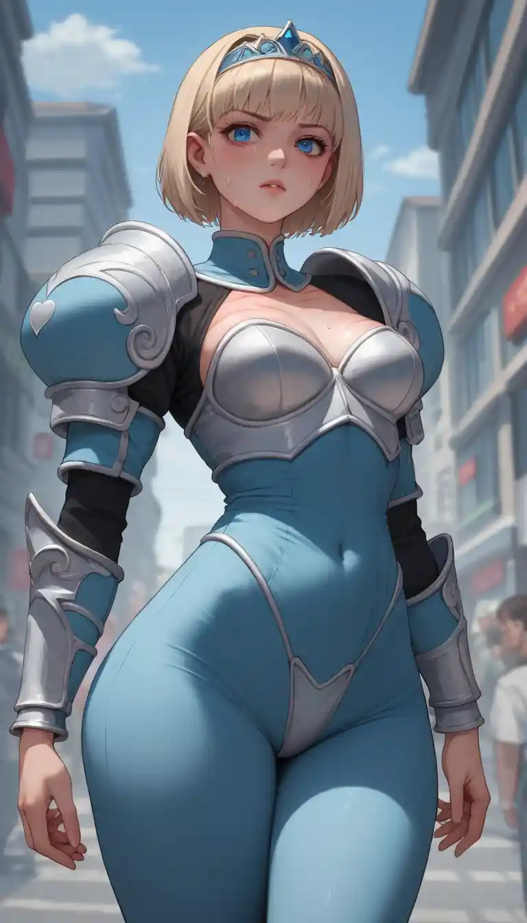 Selbstbewusste blonde Anime-Frau in einer belebten Stadt