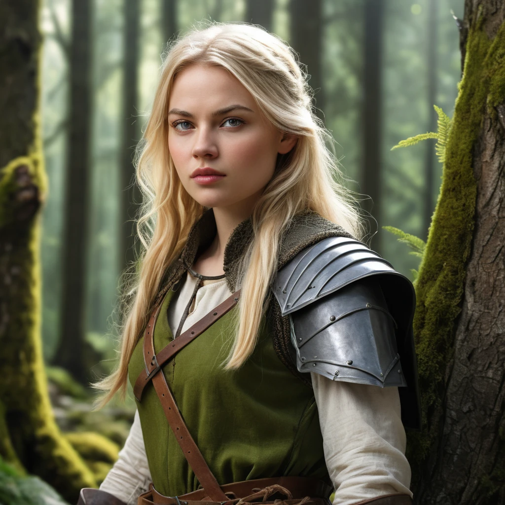 Guardabosques medieval rubia de pie en un bosque de montaña