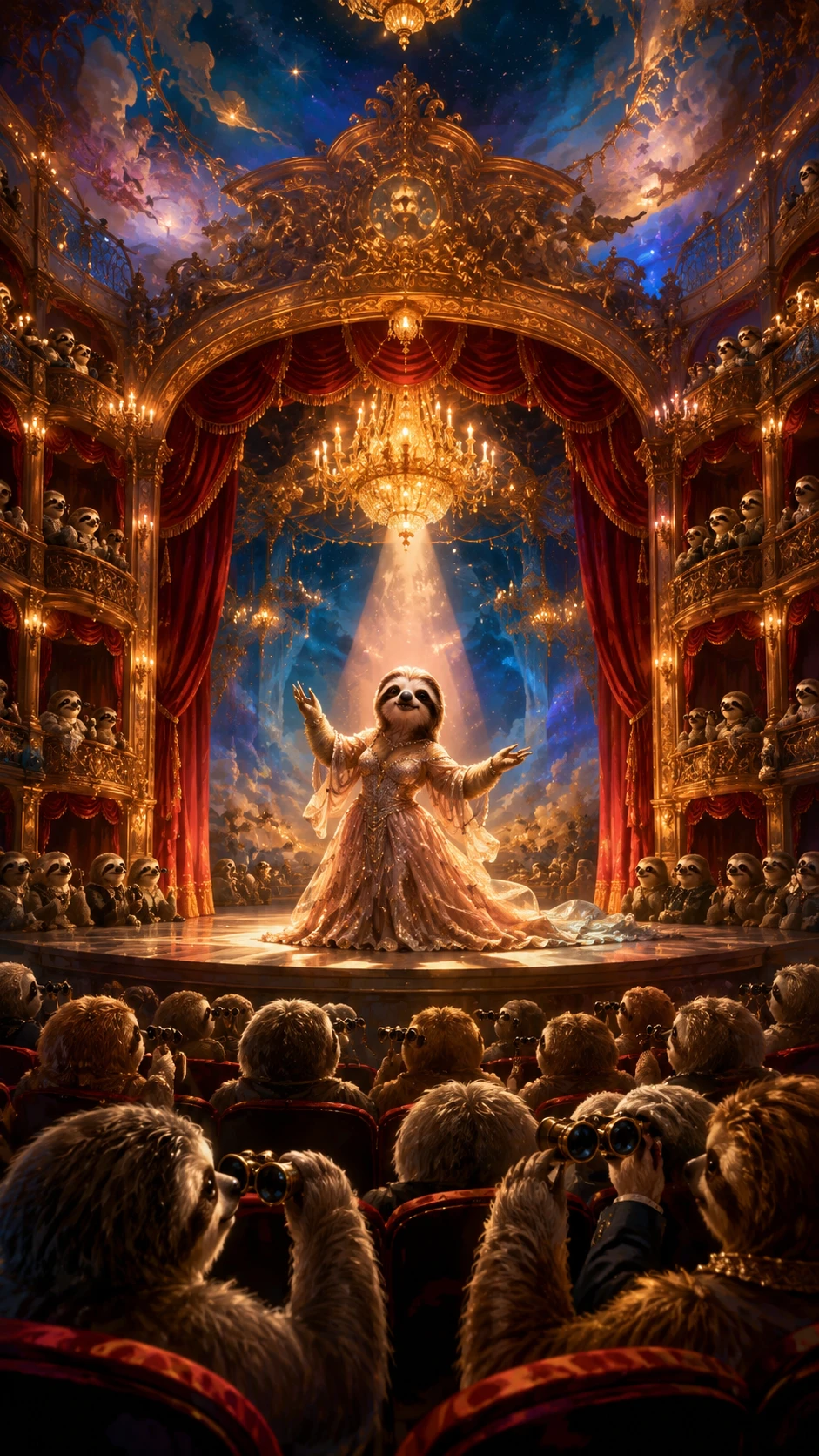 Paresseux de dessin animé remplissant un grand opéra baroque