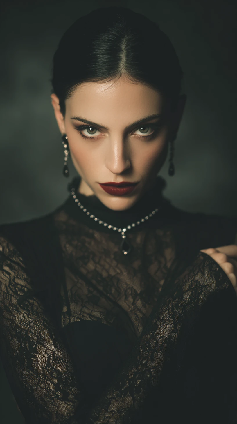 Misteriosa femme fatale con presencia oscura y elegante