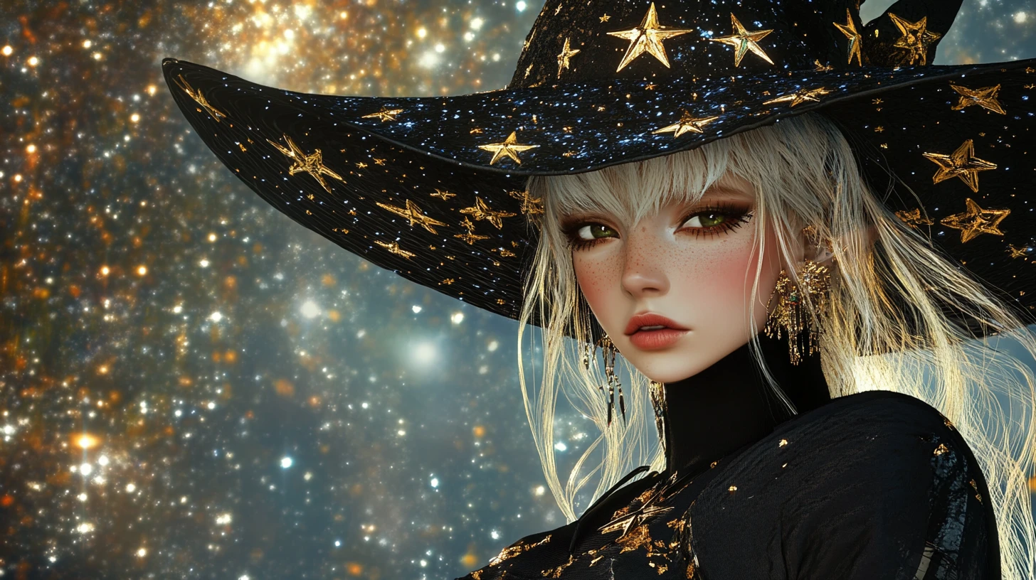Celestial anime witch in luxurious star adorned streetwear