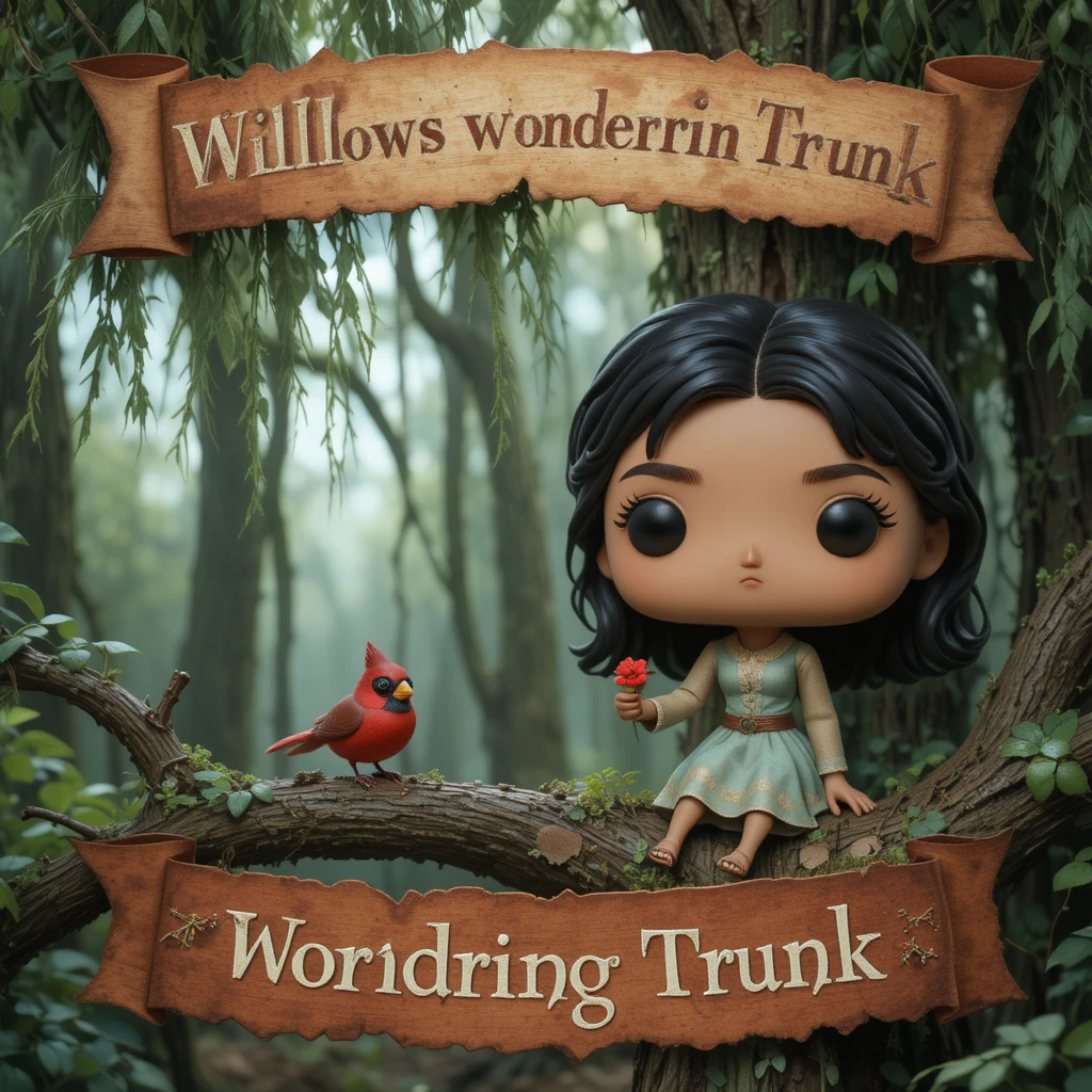 Mujer estilo Funko Pop junto a banner con sauce
