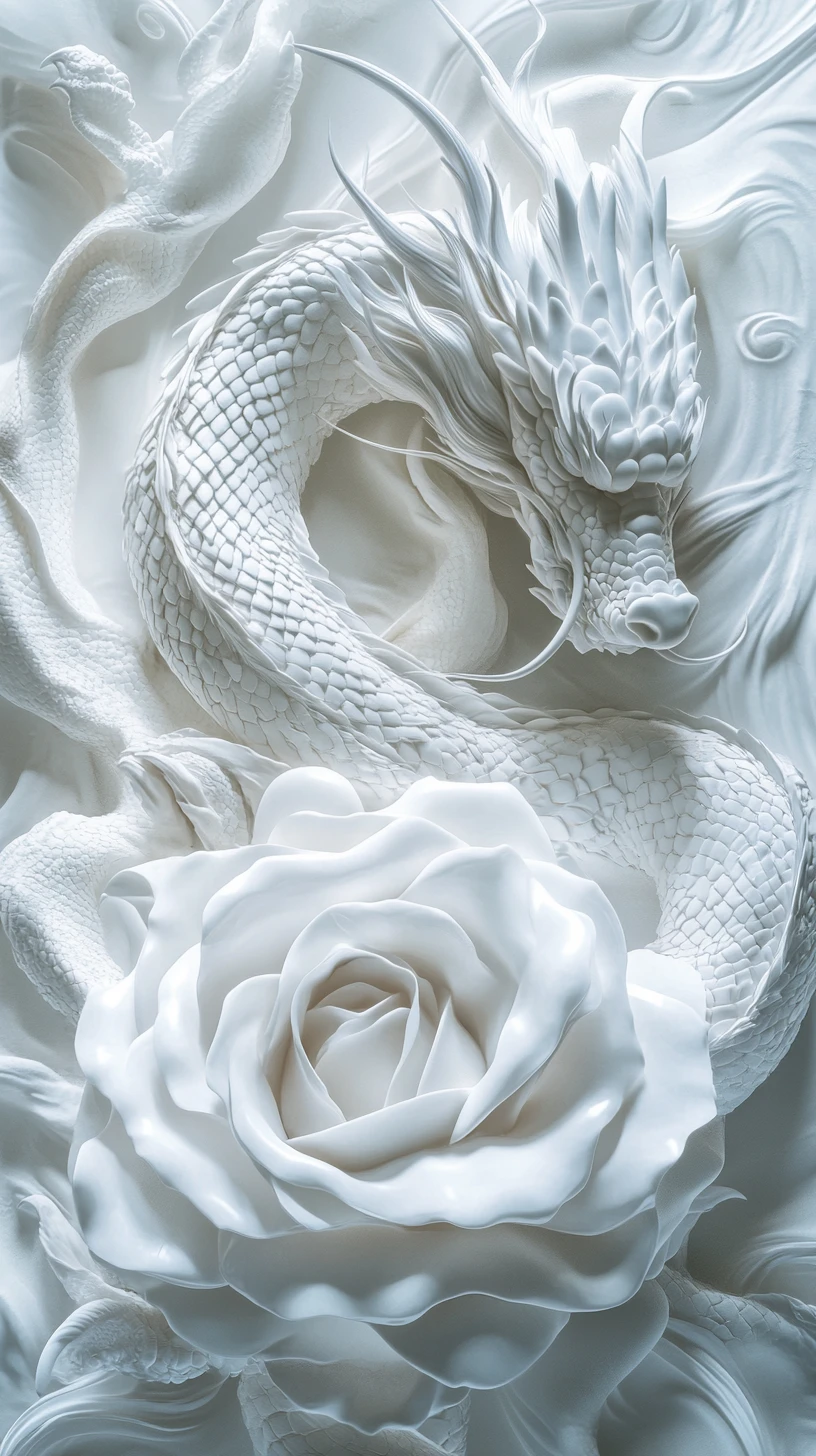 Escultura de dragón dormido entrelazada con pétalos de rosa en flor