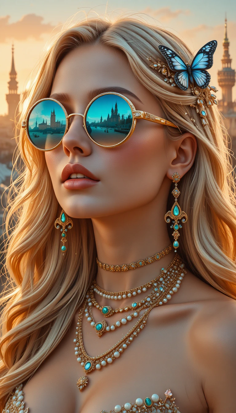 Chica fantástica con ondas doradas y gafas de ciudad neón