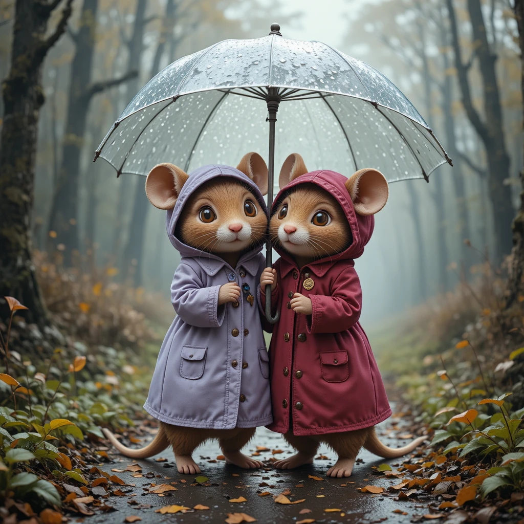 Two mice sharing a umbrella on a rainy forest path