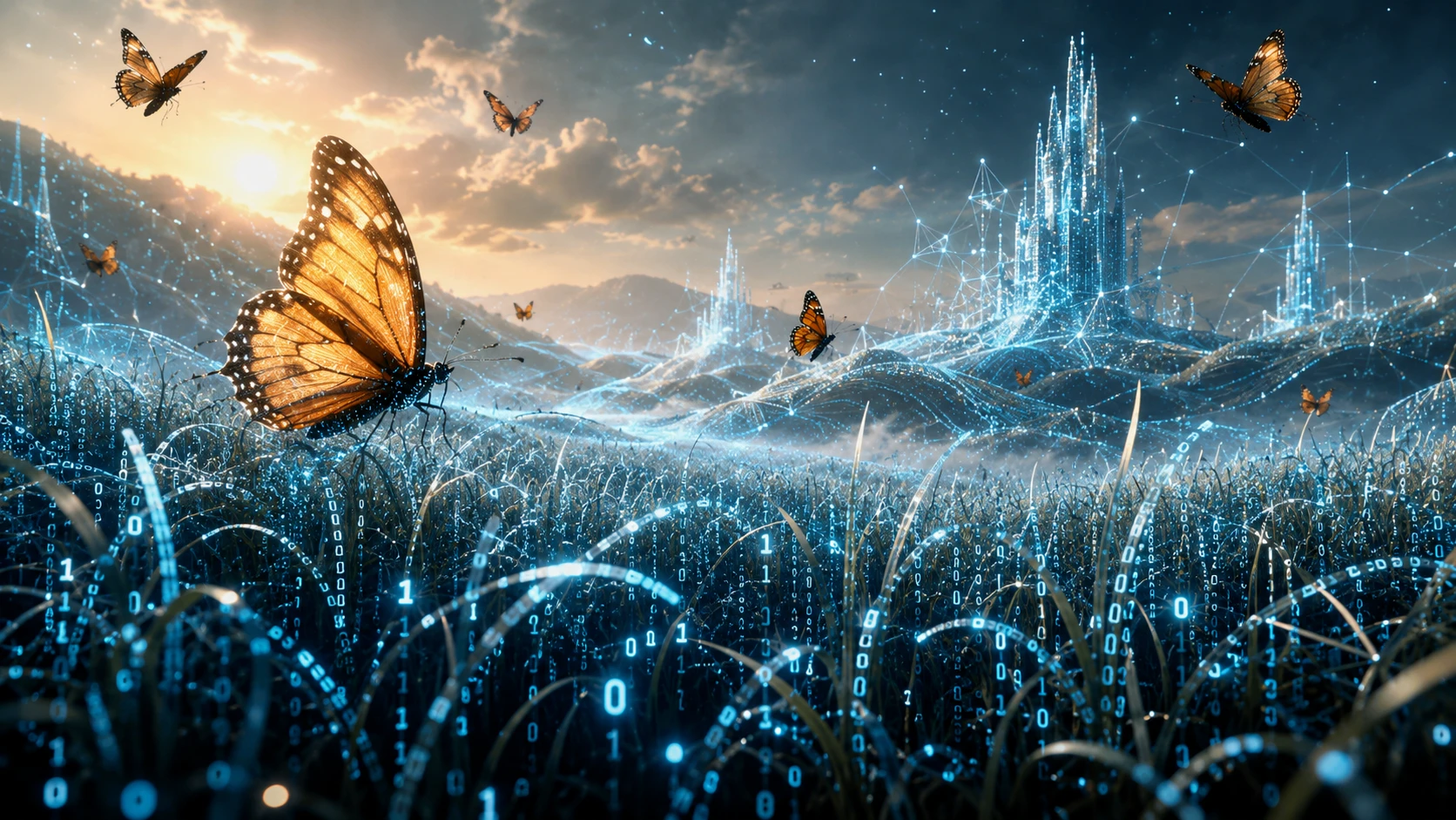 Mariposas Sobre un Campo Surreal de Datos Digitales Fluyentes