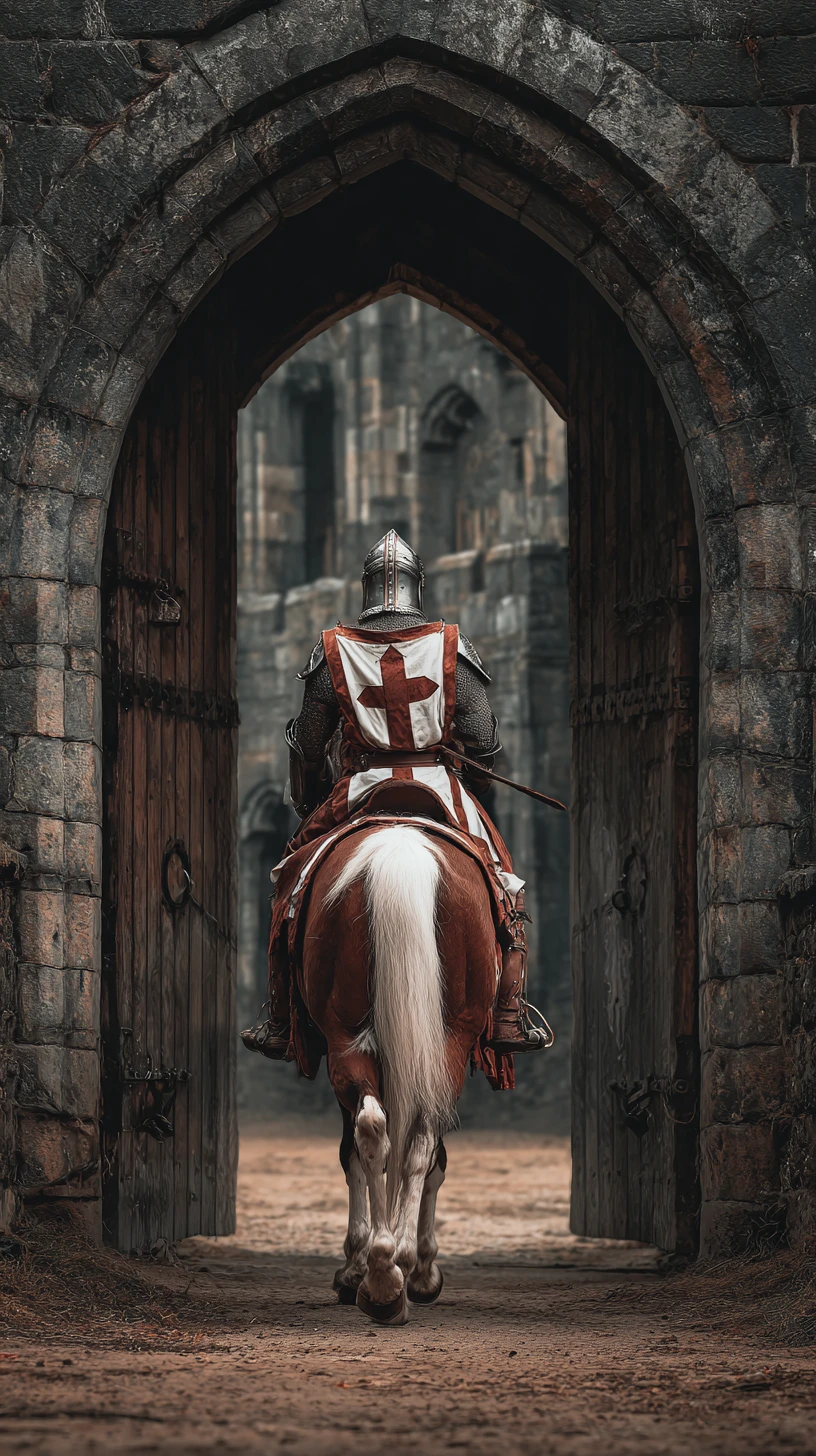 Medieval knight riding a horse through a castle gate