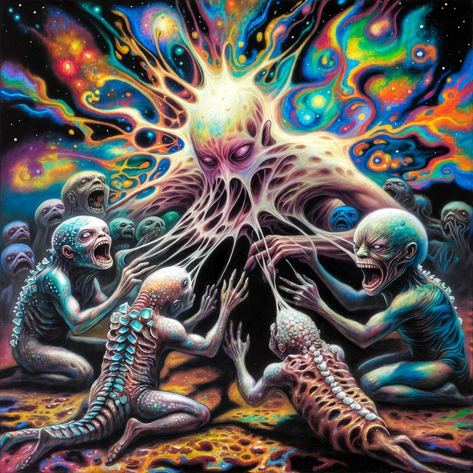 Primordial goddess birthing strange worshipping creatures at dawn