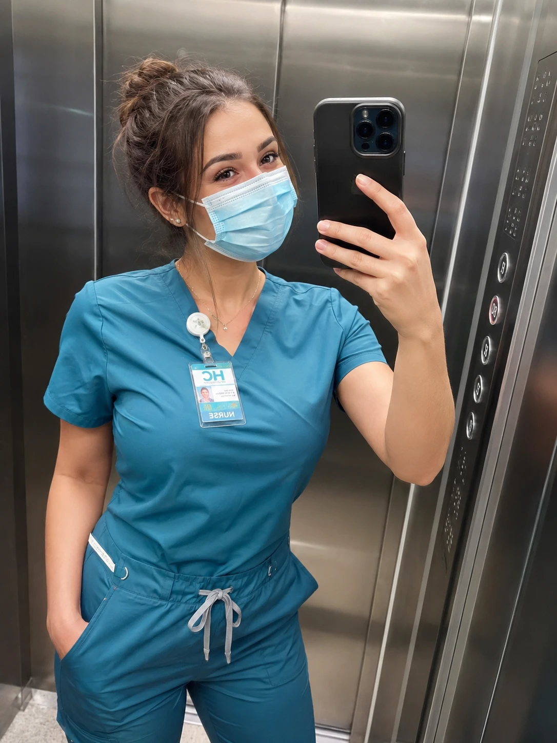 Trabajadora sanitaria tomando una selfie en el ascensor