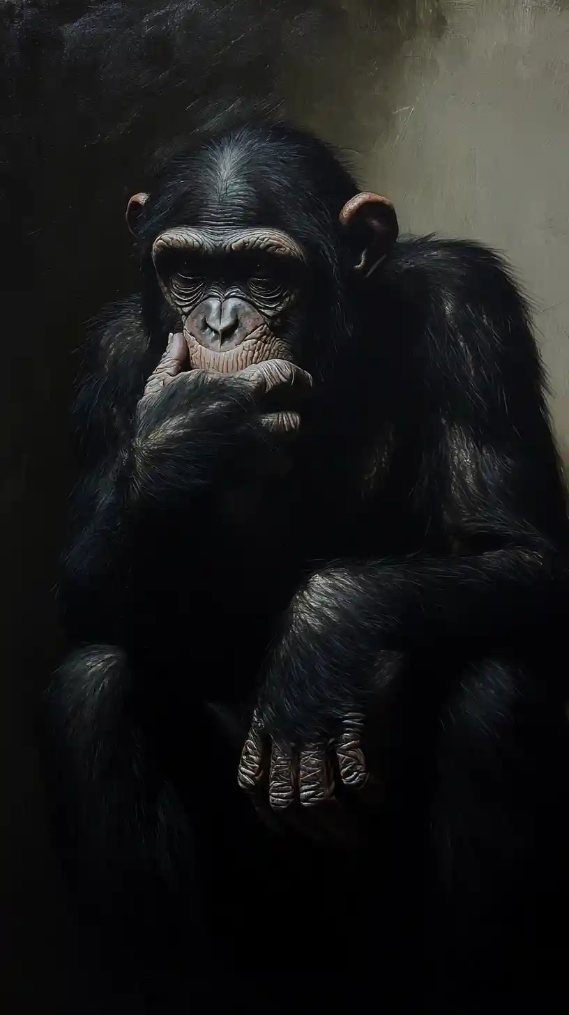 Chimpanzee Sitting In Shadow With Contemplative Hand Pose