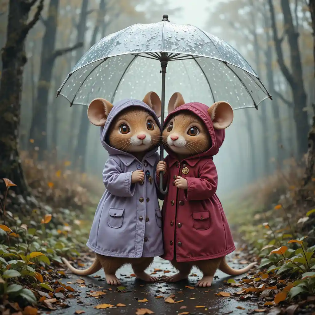 Two mice sharing a umbrella on a rainy forest path