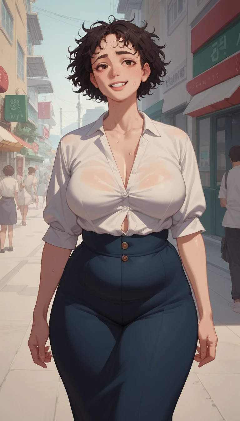 Anime school girl posing shyly on a busy city street