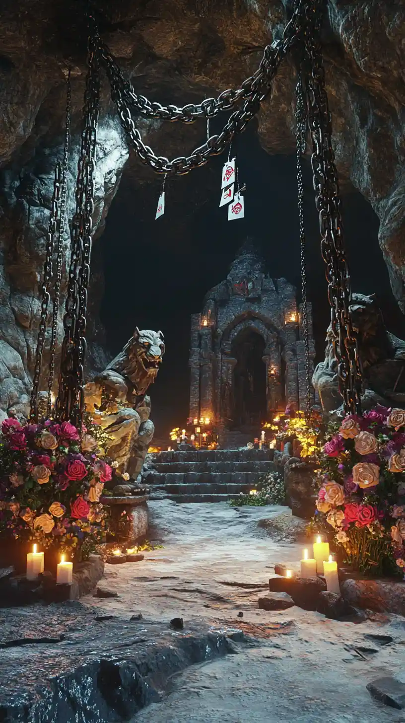 Chained stone cave entrance guarded by dragon and tiger statues