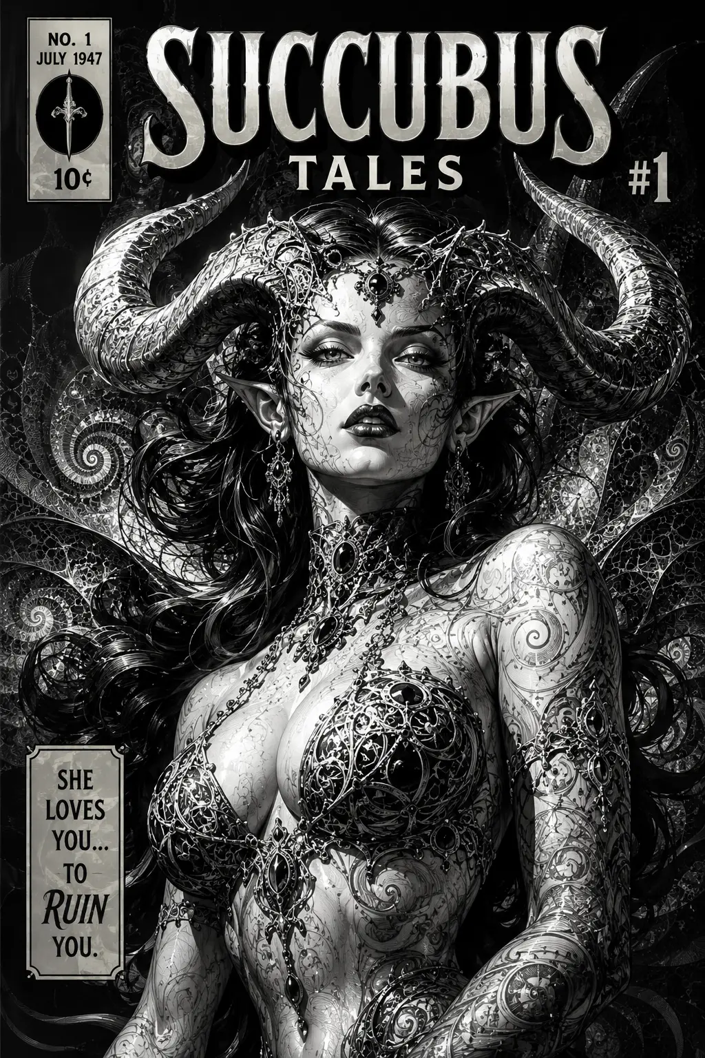 Succubus comic cover with horned woman in dramatic light