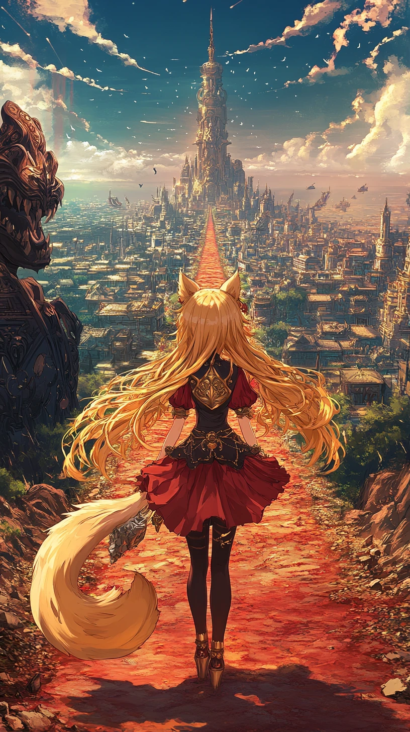 Golden path in a fantasy landscape with crowned serpent statue