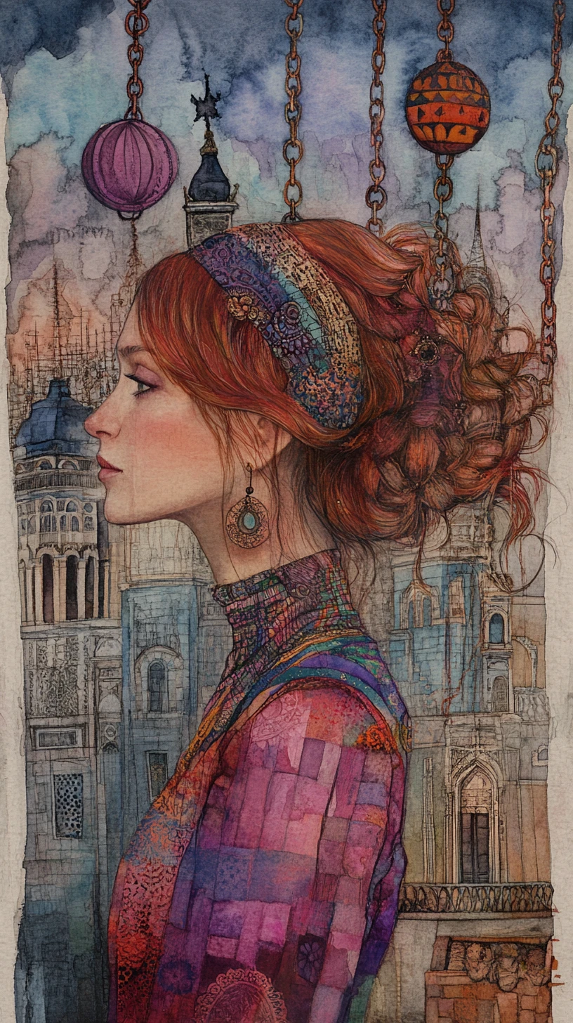 Retrato en acuarela de una mujer ante una prisión lejana