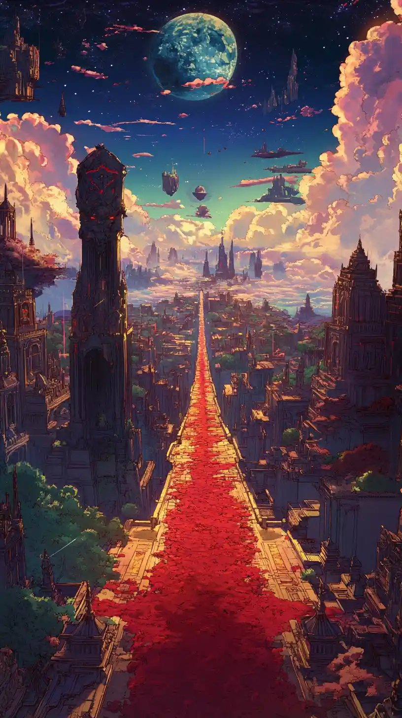 Golden path through a fantasy landscape with crowned snake statue