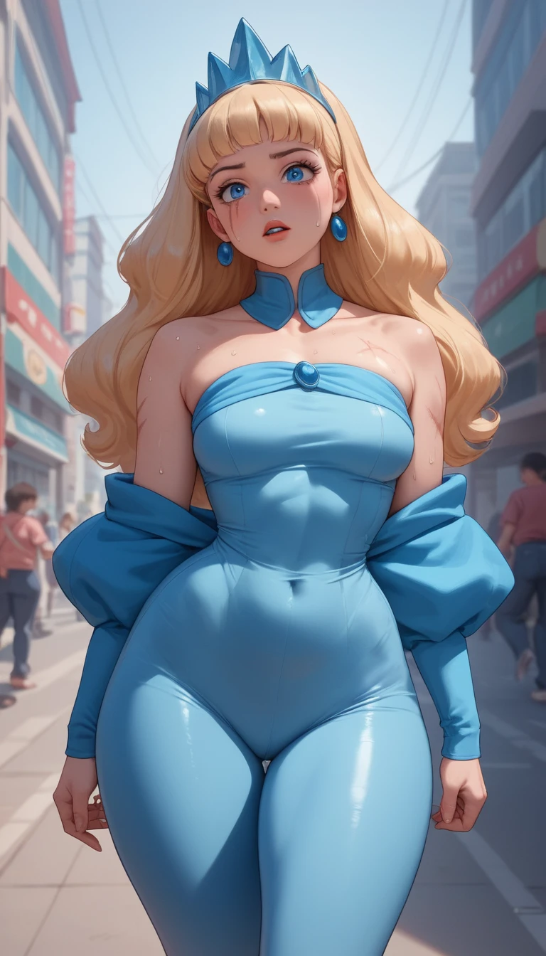 Chica de anime rubia y segura de sí en una ciudad abarrotada